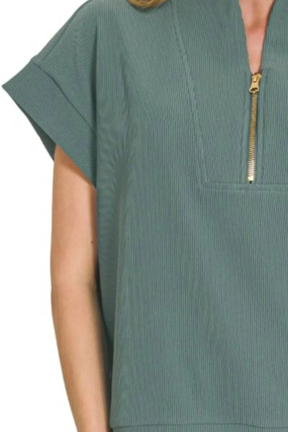 Zenana Ribbed High Neck Half Zip Top - Fashorio