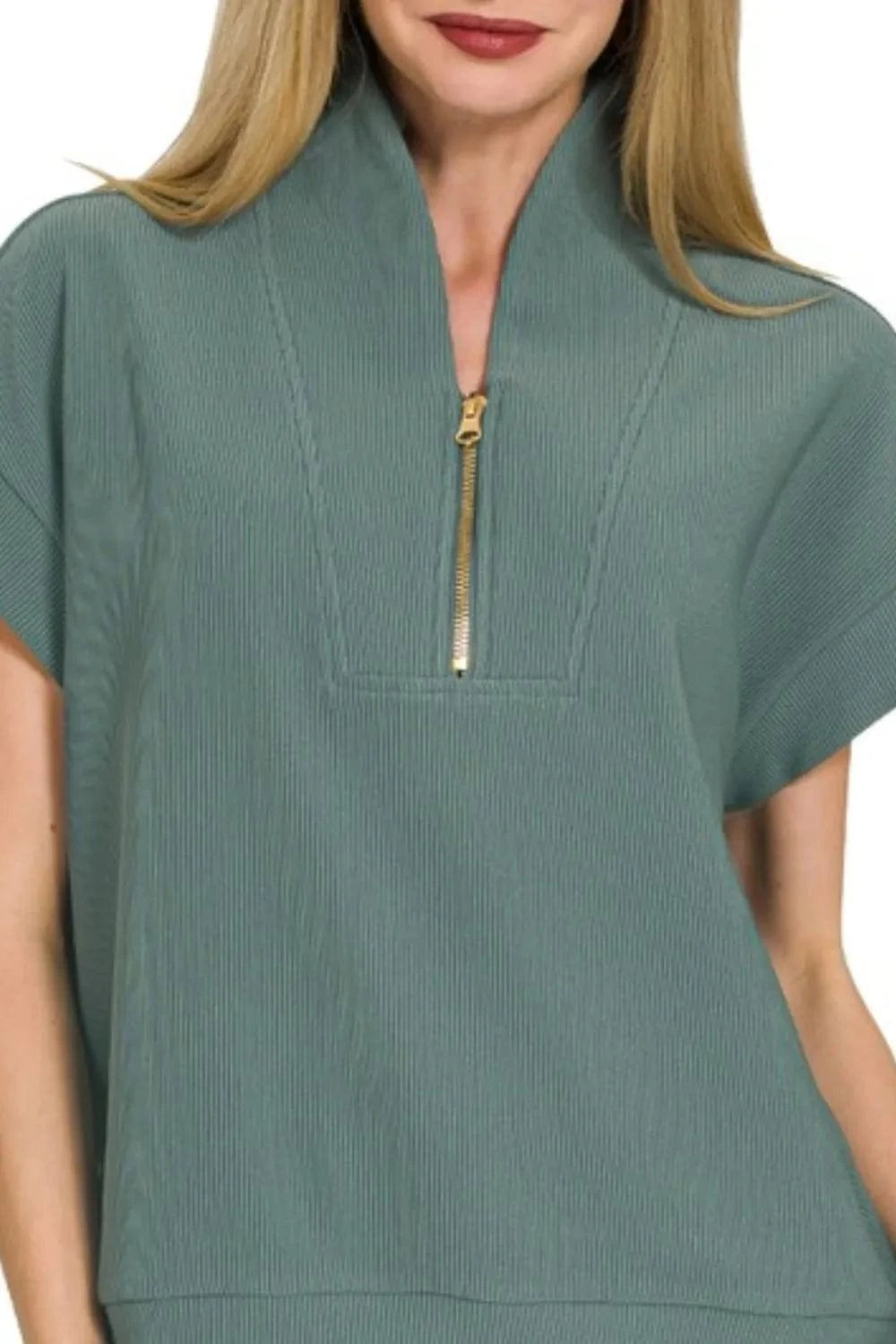 Zenana Ribbed High Neck Half Zip Top - Fashorio