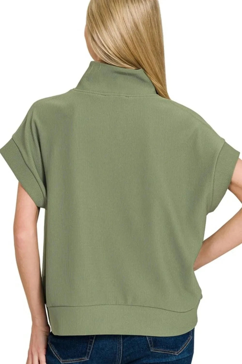 Zenana Ribbed High Neck Half Zip Top - Fashorio