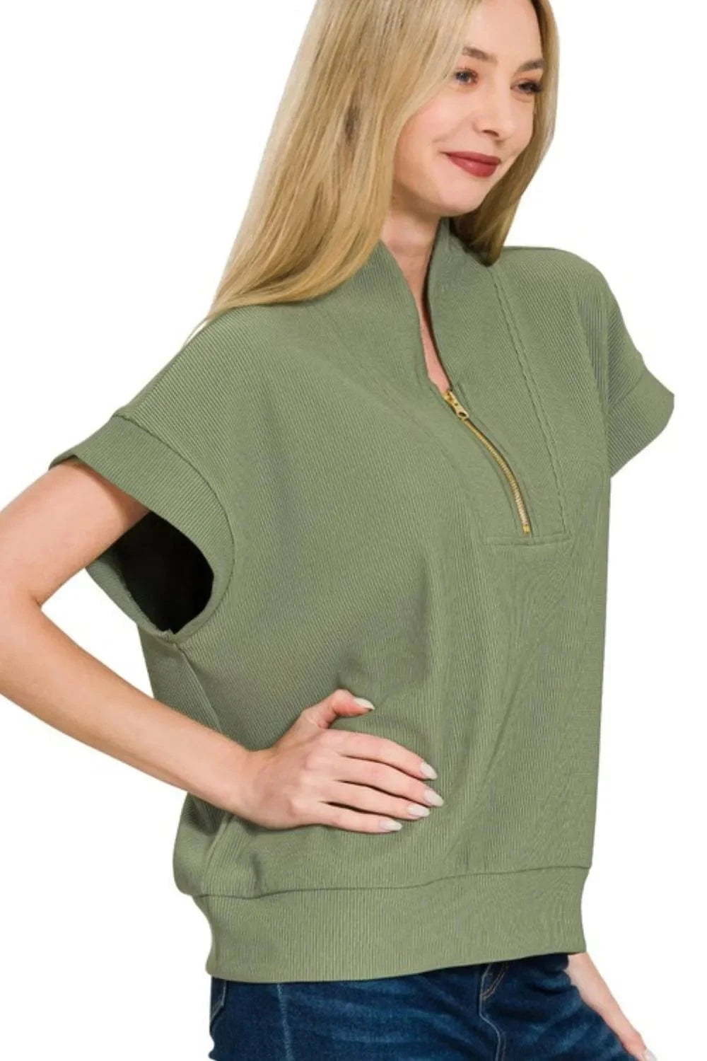 Zenana Ribbed High Neck Half Zip Top - Fashorio
