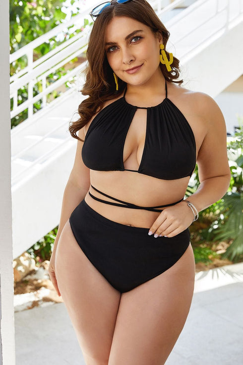 Fashorio Swimwear Black / 2XL Plus Size Cutout Tied Backless Bikini Set