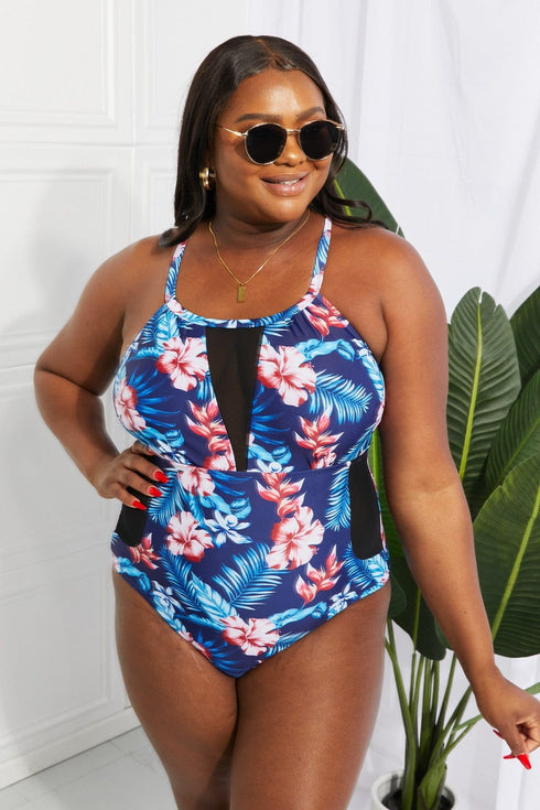 Fashorio Swimwear Floral Crisscross Spliced Mesh One-Piece Swimsuit