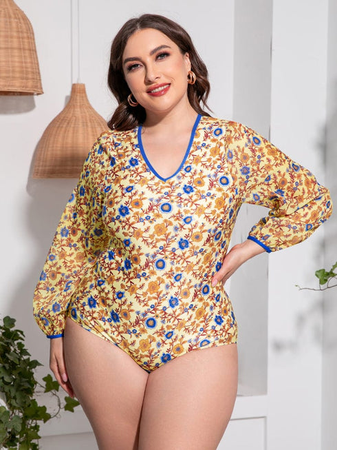 Fashorio Swimwear Gold / 2XL Plus Size Floral Open Back Long Sleeve One-Piece Swimsuit