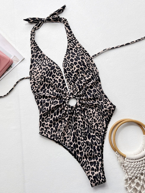 Fashorio Swimwear Leopard Halter Neck Ring Detail One-Piece Swimsuit