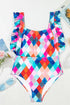 Fashorio Swimwear Multicolor Plaid Print Square Neck Frill Sleeveless Backless One-Piece Swimwear