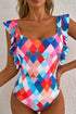 Fashorio Swimwear Multicolor Plaid Print Square Neck Frill Sleeveless Backless One-Piece Swimwear