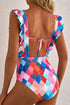 Fashorio Swimwear Multicolor Plaid Print Square Neck Frill Sleeveless Backless One-Piece Swimwear