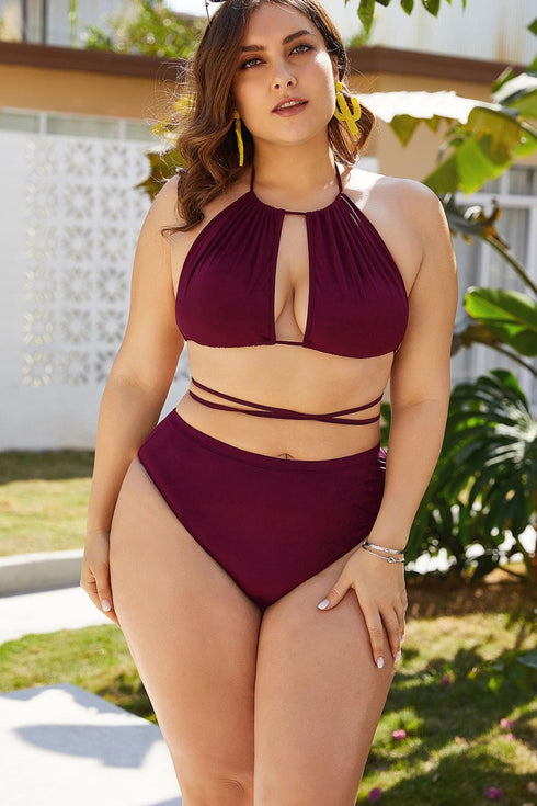 Fashorio Swimwear Plus Size Cutout Tied Backless Bikini Set