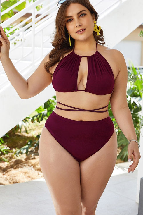 Fashorio Swimwear Plus Size Cutout Tied Backless Bikini Set