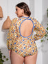 Fashorio Swimwear Plus Size Floral Open Back Long Sleeve One-Piece Swimsuit