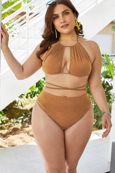 Fashorio Swimwear Yellow / 2XL Plus Size Cutout Tied Backless Bikini Set