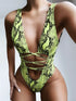 Fashorio Swimwear Yellow-Green / S Lace-Up Backless Plunge One-Piece Swimwear