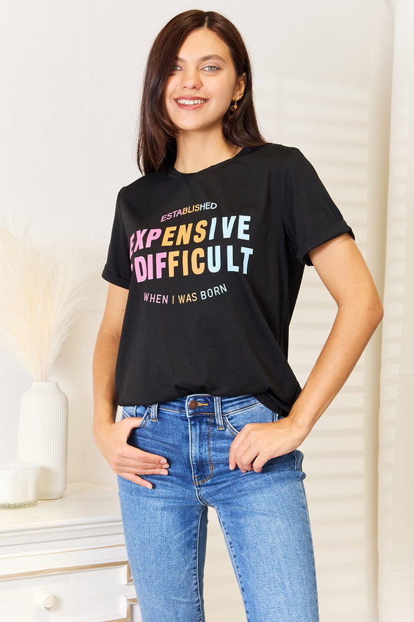 Simply Love Slogan Graphic Cuffed Sleeve T-Shirt Black - Fashorio