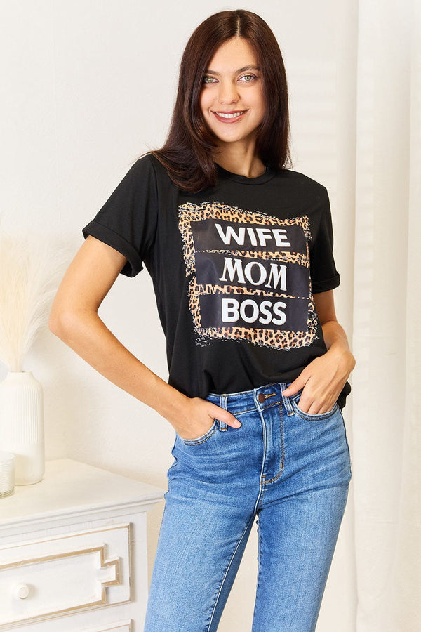Simply Love WIFE MOM BOSS Leopard Graphic T-Shirt Black - Fashorio