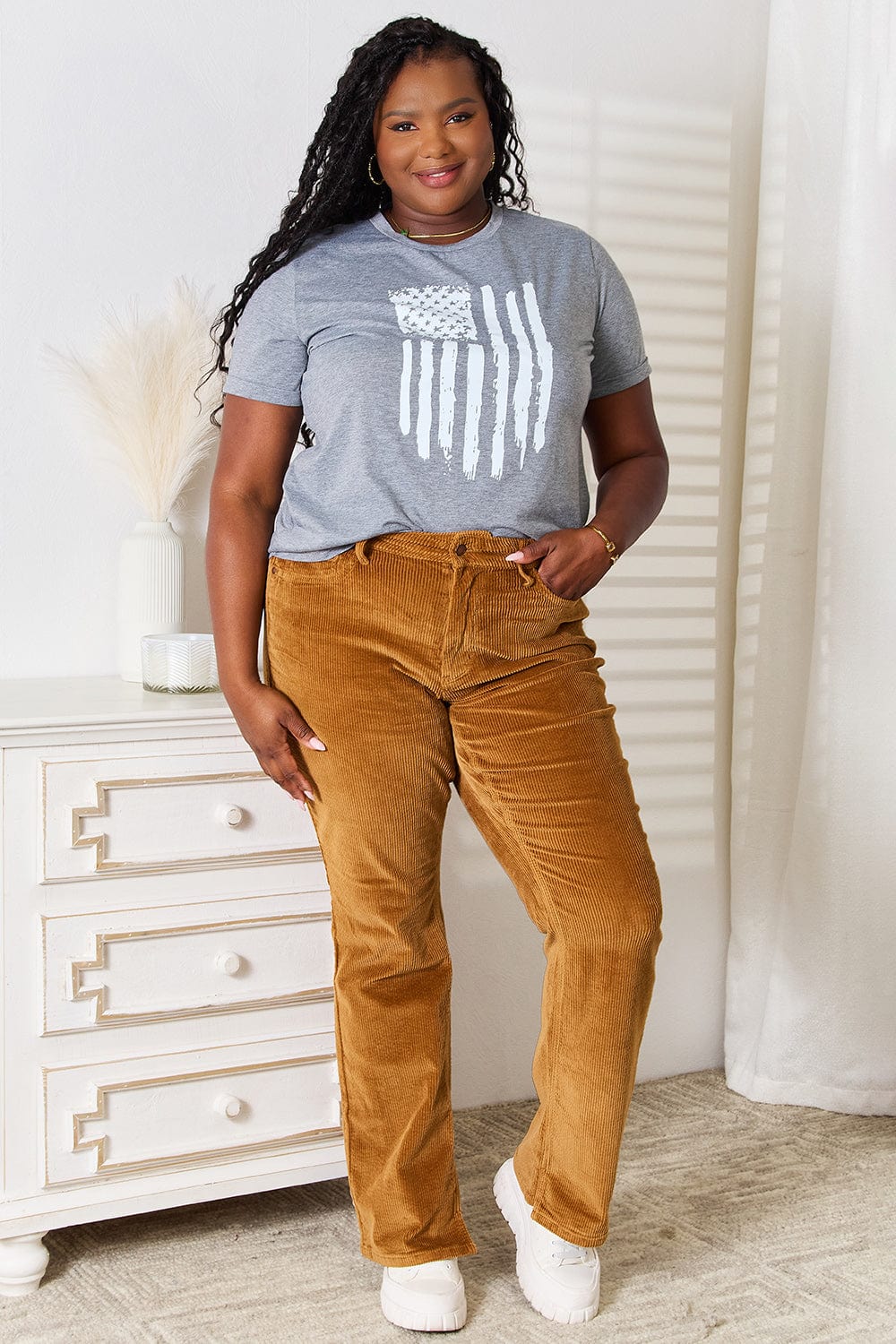 Simply Love US Flag Graphic Cuffed Sleeve T-Shirt - Fashorio
