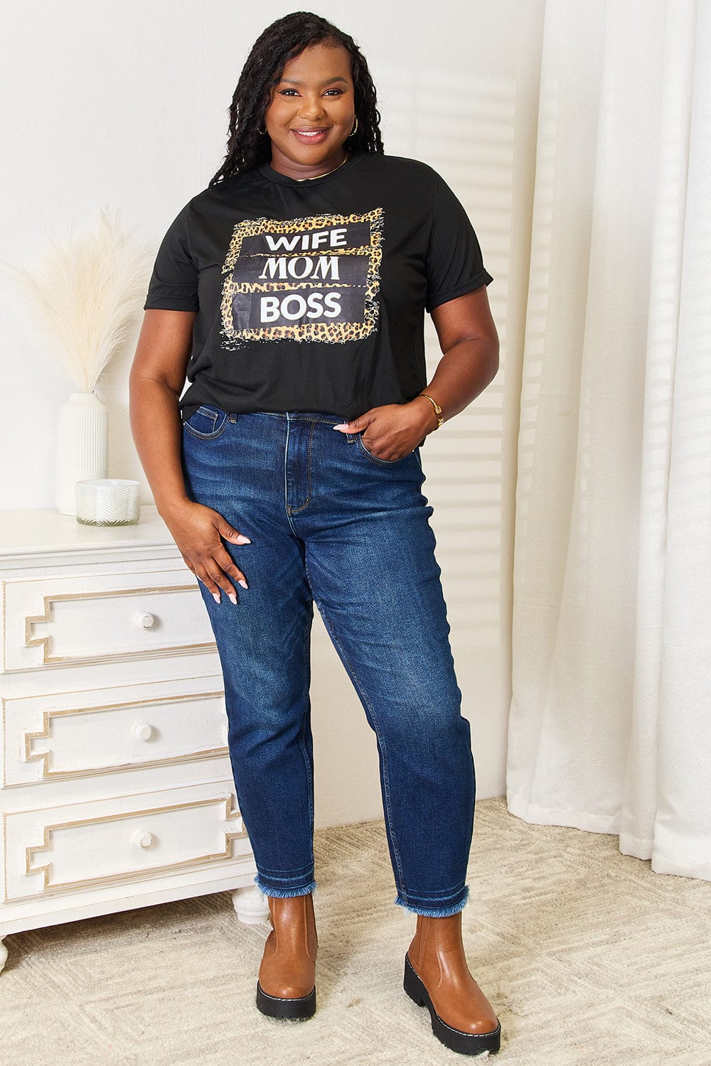 Simply Love WIFE MOM BOSS Leopard Graphic T-Shirt - Fashorio