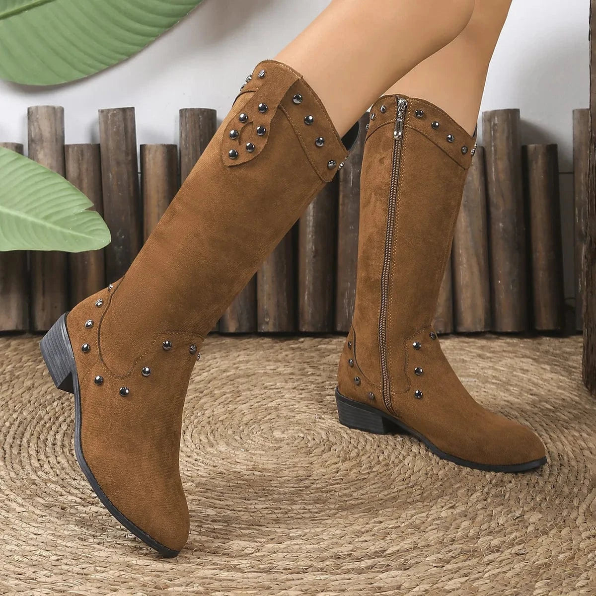 Studded Mid-Calf Boots with Side Zipper Closure Tan - Fashorio