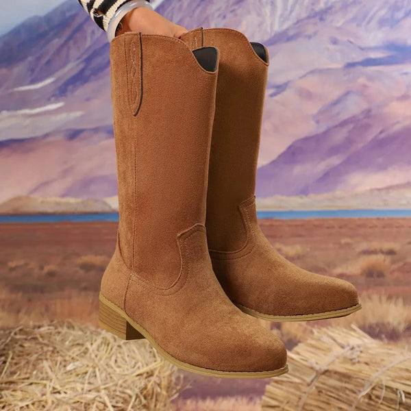 Suede Block Heels Boots Tan - Fashorio