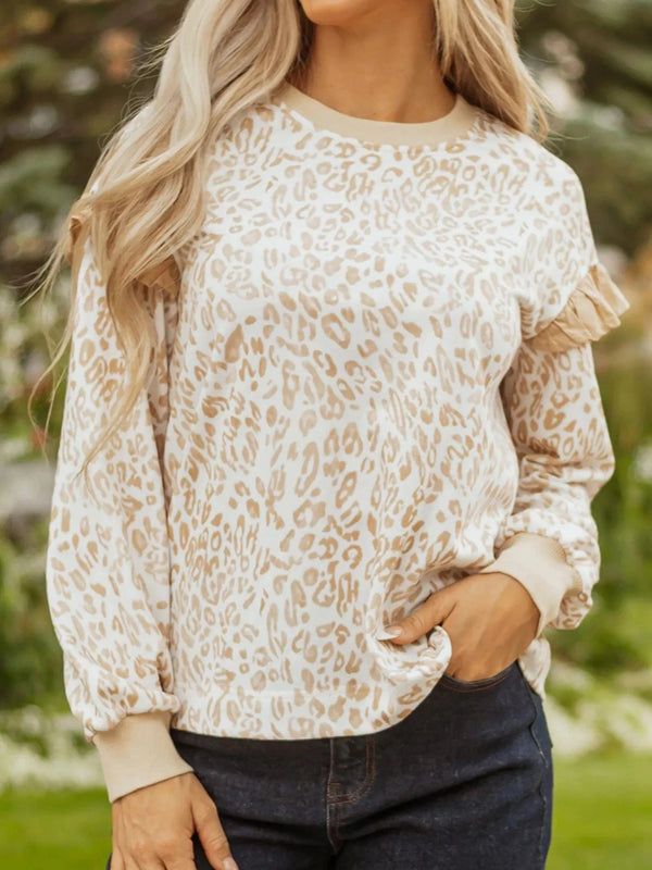 Leopard Ruffle Detail Ribbed Trim Round Neck Sweatshirt Tan - Fashorio
