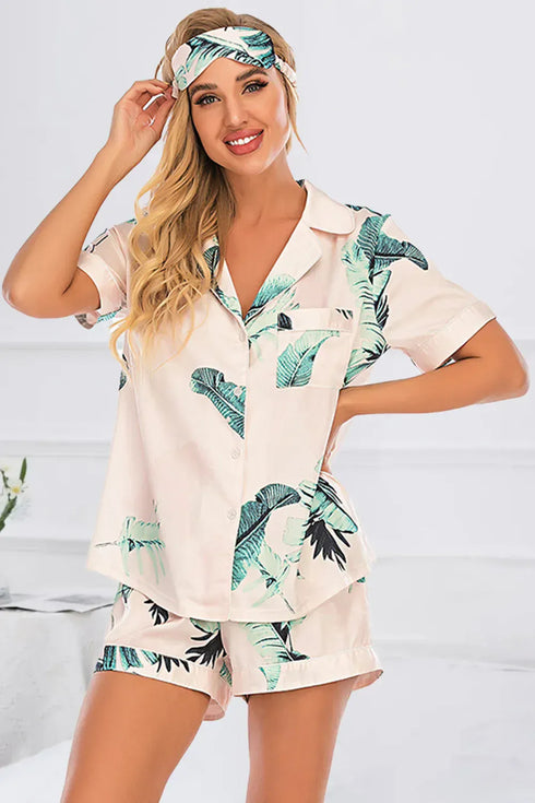 Fashorio Tan / S Printed Button Up Short Sleeve Top and Shorts Lounge Set