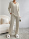 Fashorio Tan / S Ribbed Knit V-Neck Top and Pants Lounge Set