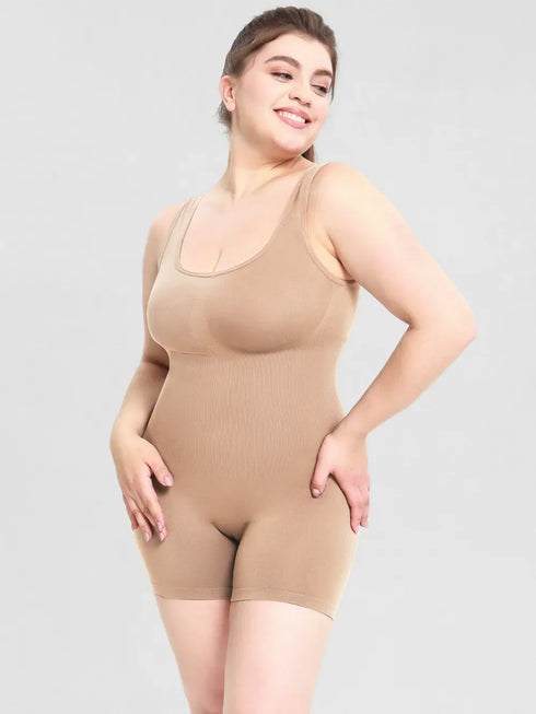 Fashorio Tan / S Scoop Neck Wide Strap Shaping Romper