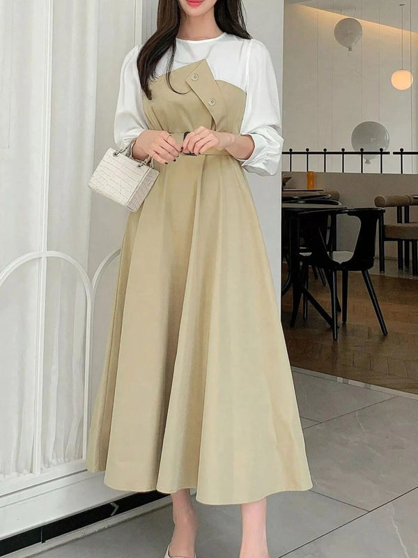 Contrast Long Sleeve Midi Dress with Belted Tan - Fashorio