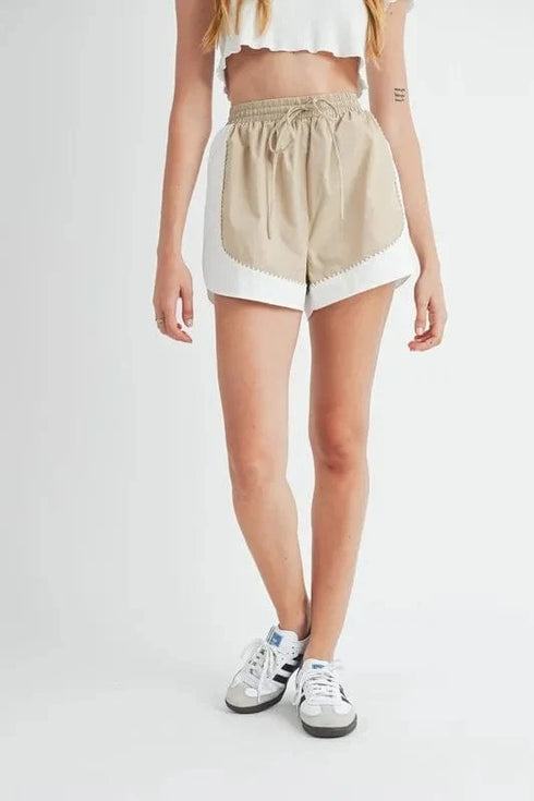 MABLE Drawstring Waist Contrast Trim Detail Shorts Taupe - Fashorio