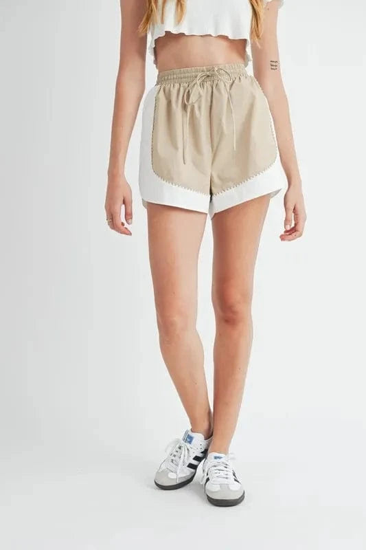 MABLE Drawstring Waist Contrast Trim Detail Shorts Taupe - Fashorio