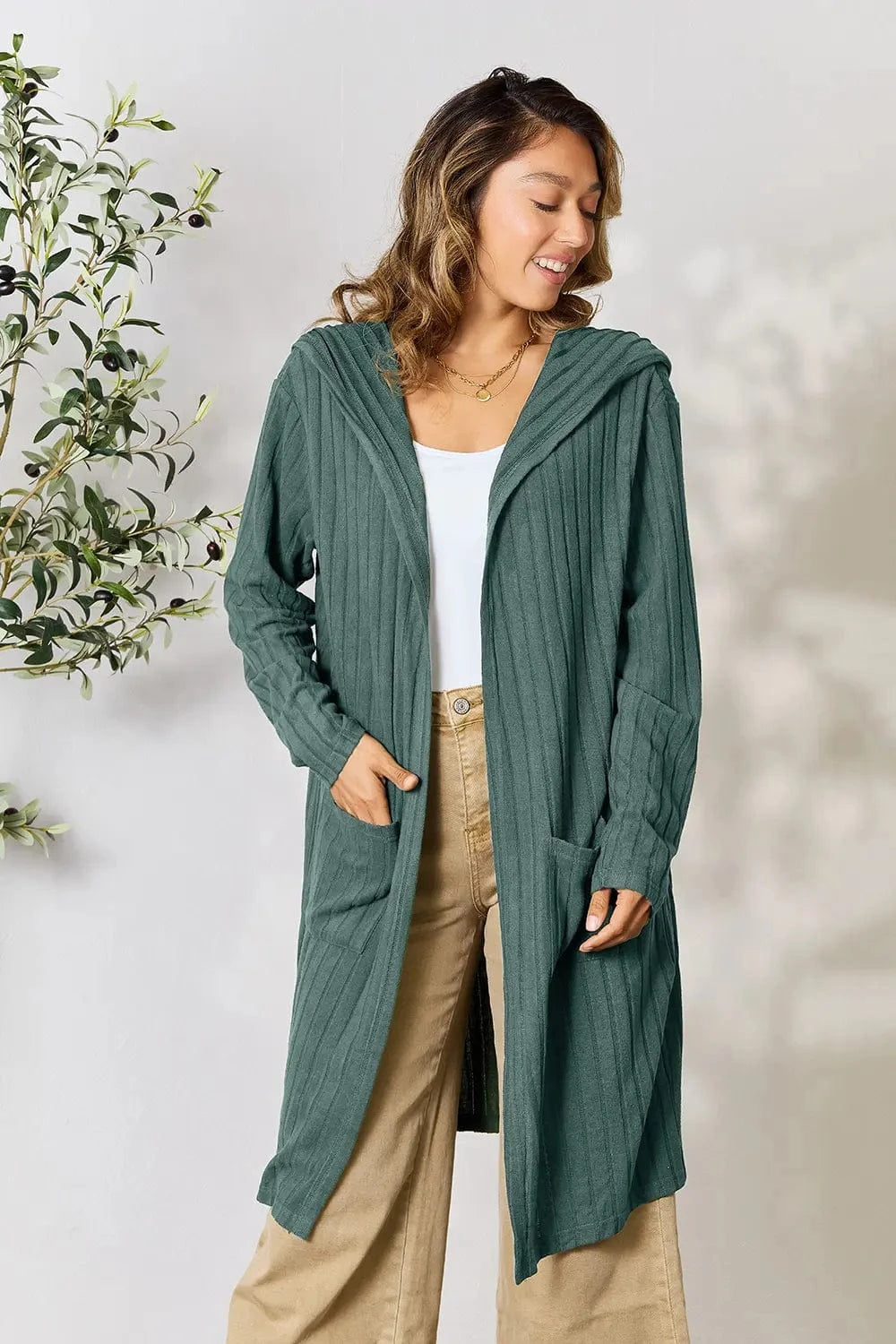 Basic Bae Full Size Hooded Sweater Cardigan Teal - Fashorio