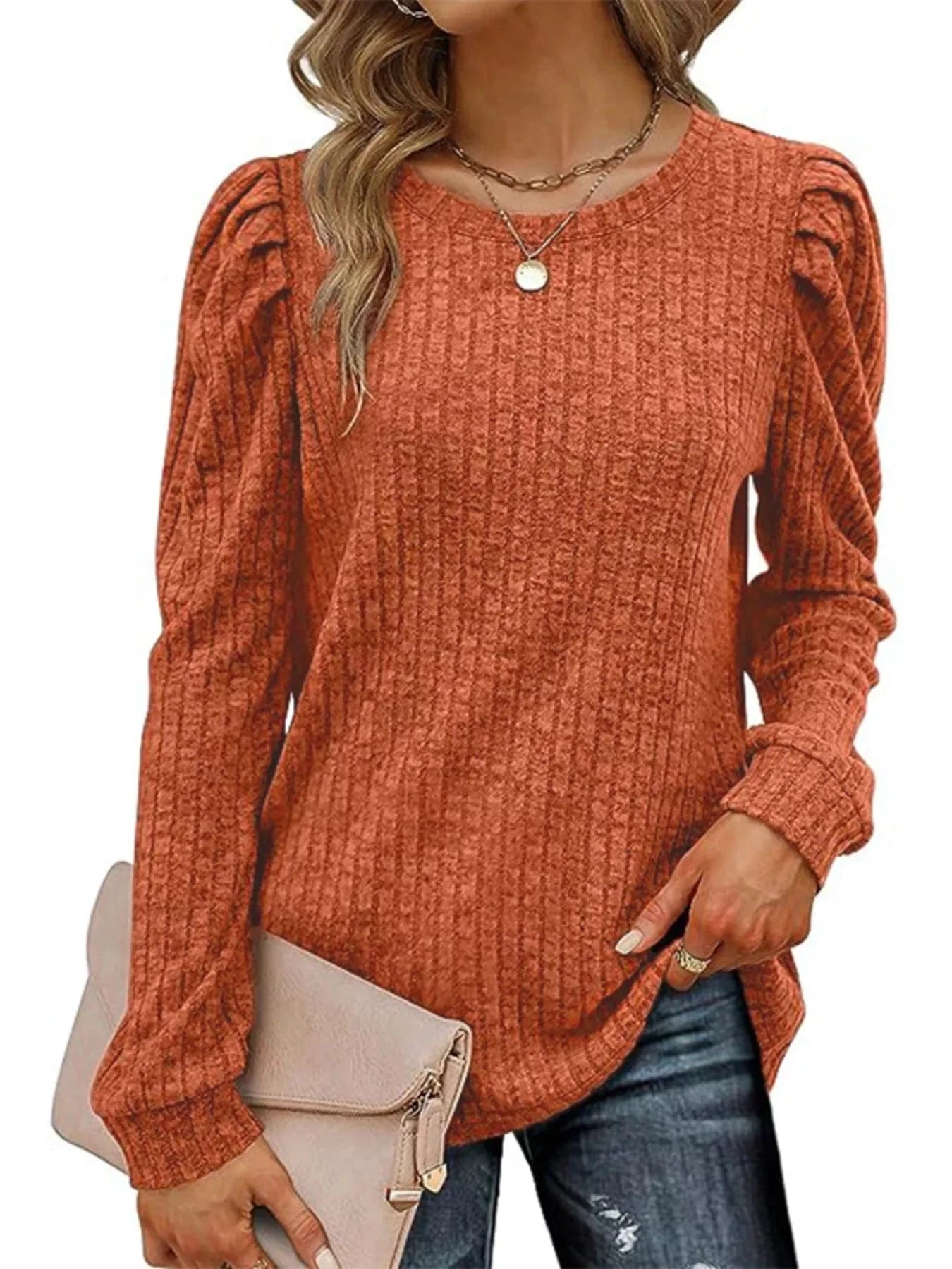 Ribbed Knit Top with Puff Sleeves Terracotta - Fashorio
