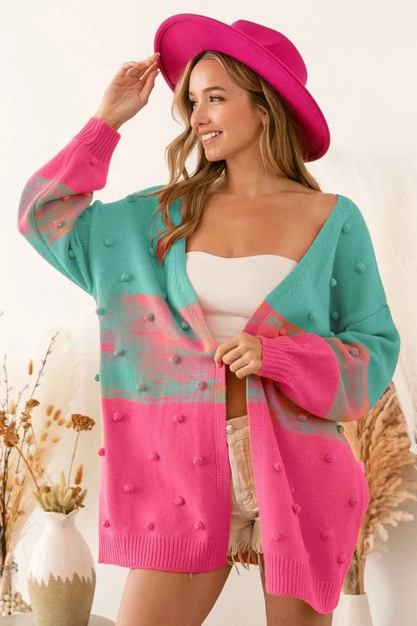 BiBi Color Block Ponpon Sweater Cardigan Turquoise Pink - Fashorio