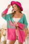 BiBi Color Block Ponpon Sweater Cardigan Turquoise Pink - Fashorio