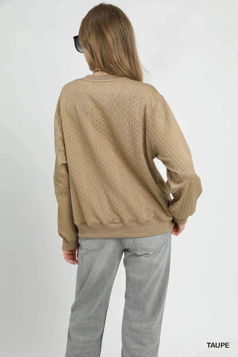 Umgee Cable Texture Pattern Sweatshirt with Ribbed Hem - Fashorio