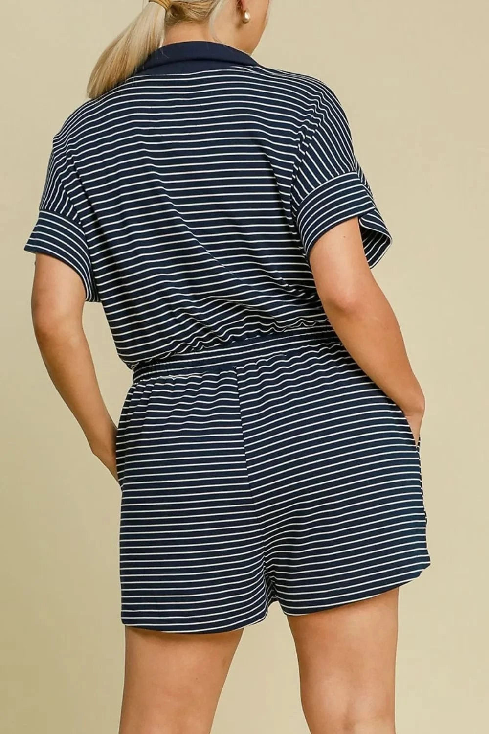 Umgee Full Size Half Zip Striped Romper Plus Size - Fashorio