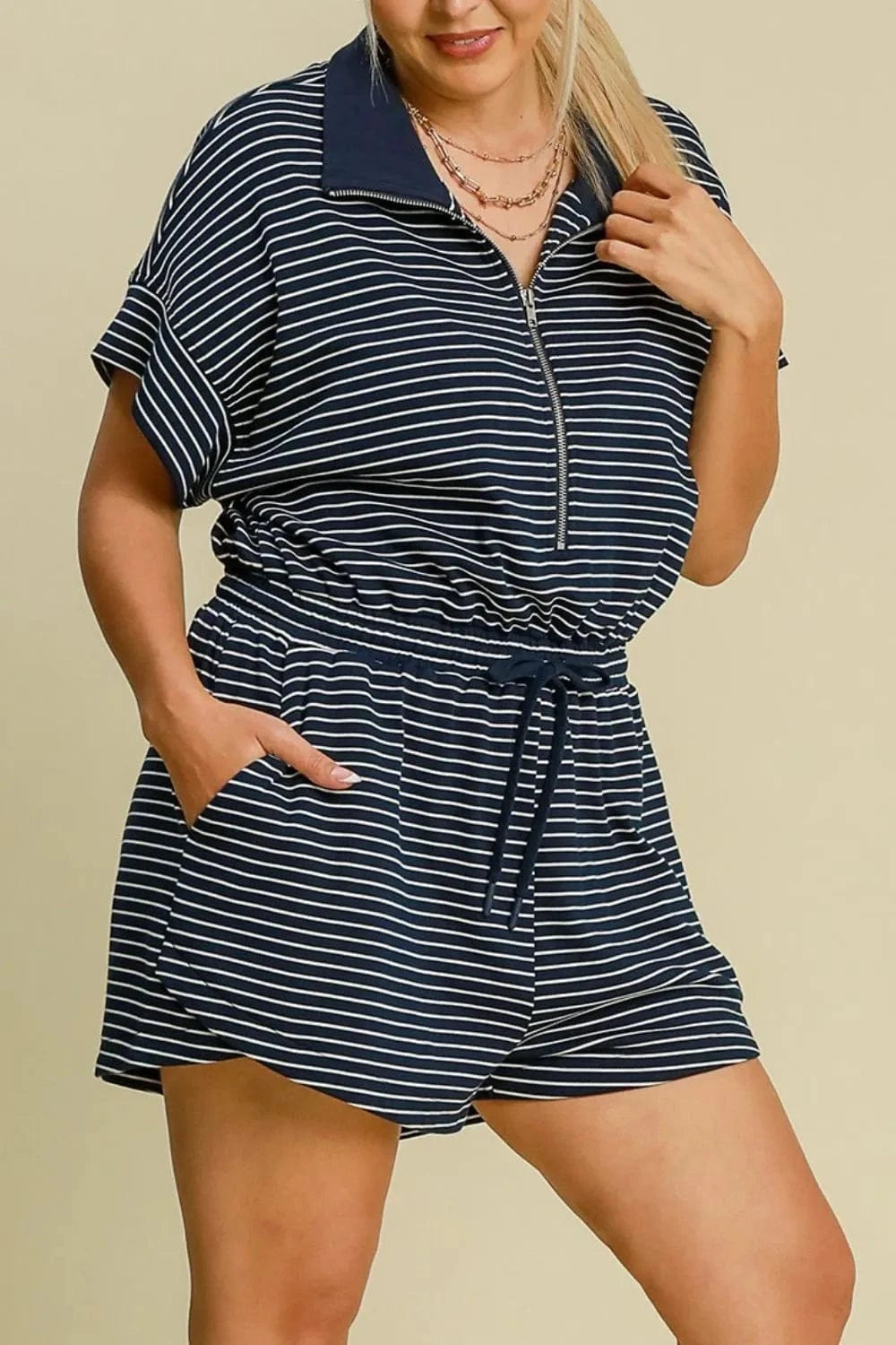Umgee Full Size Half Zip Striped Romper Plus Size - Fashorio