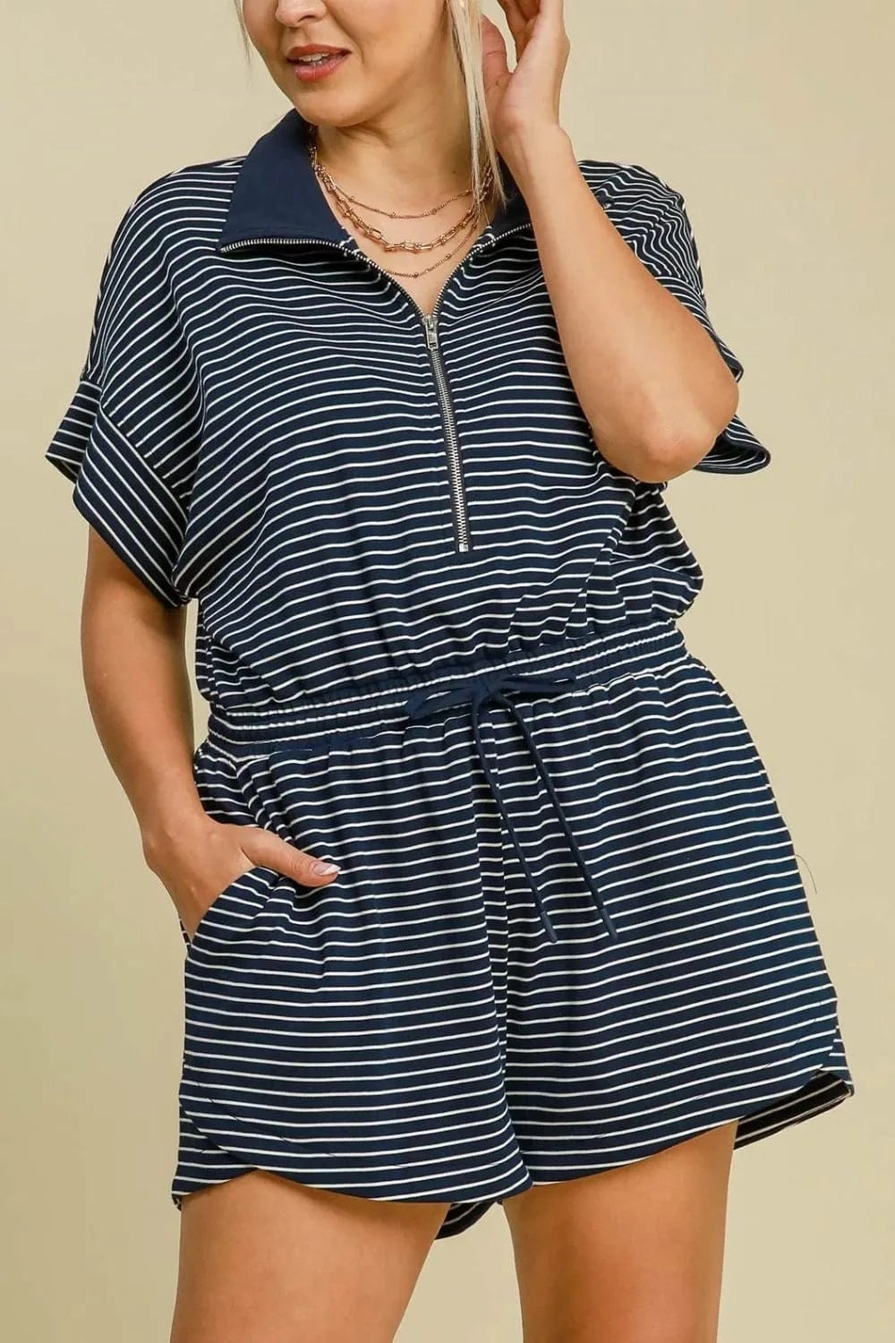 Umgee Full Size Half Zip Striped Romper Plus Size - Fashorio