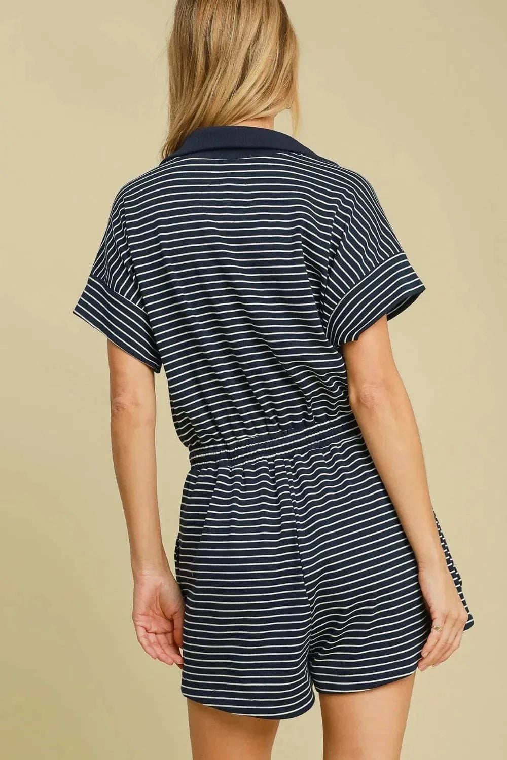 Umgee Full Size Half Zip Striped Romper Plus Size - Fashorio
