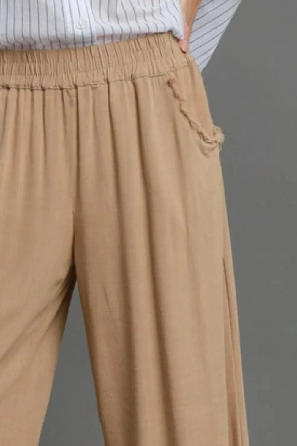 Umgee Full Size Linen Blend Elastic Waistband Wide Leg Pants Plus Size - Fashorio