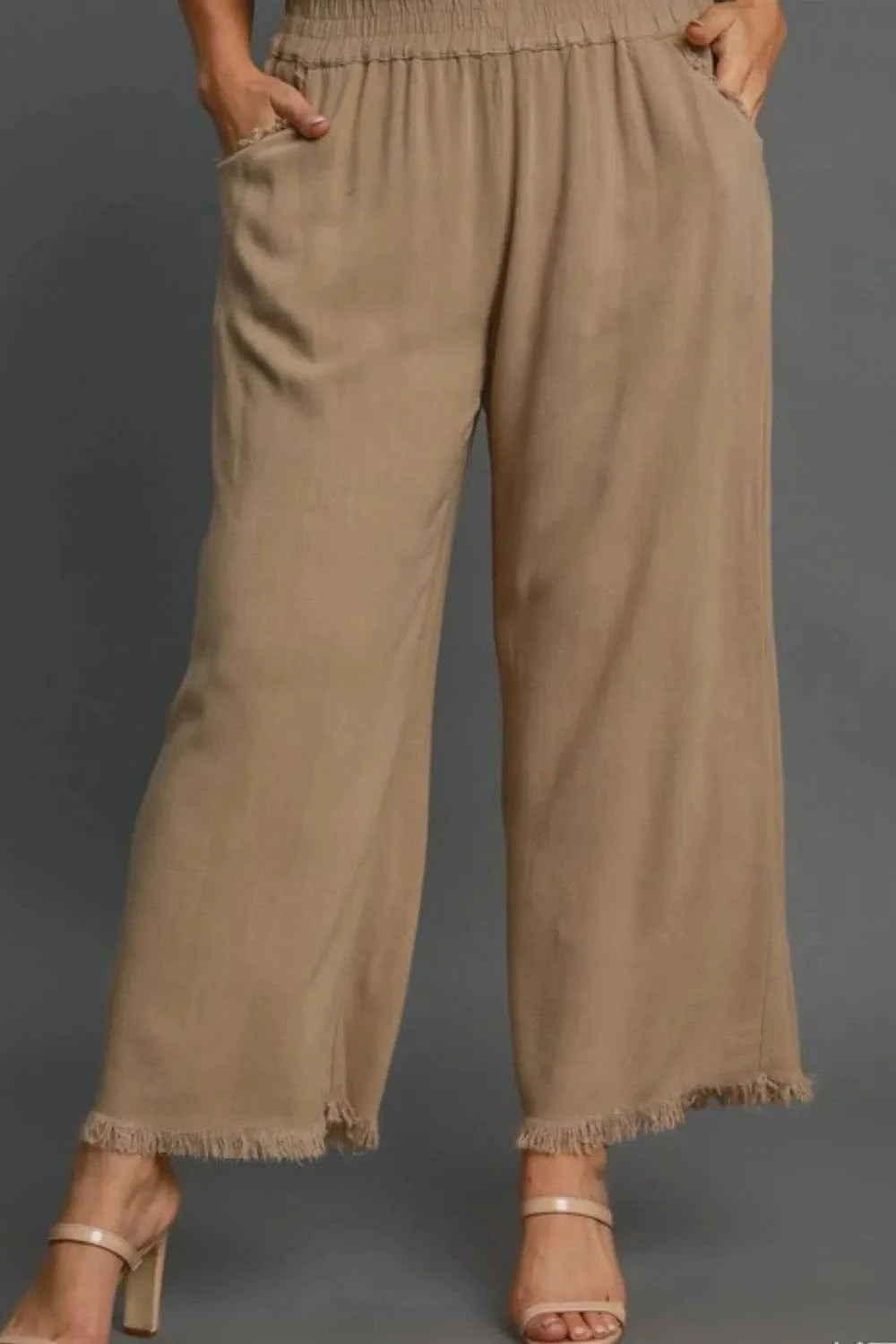 Umgee Full Size Linen Blend Elastic Waistband Wide Leg Pants Plus Size - Fashorio