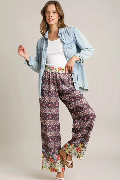Umgee Full Size Mixed Print Elastic Waistband Pants Plus Size - Fashorio