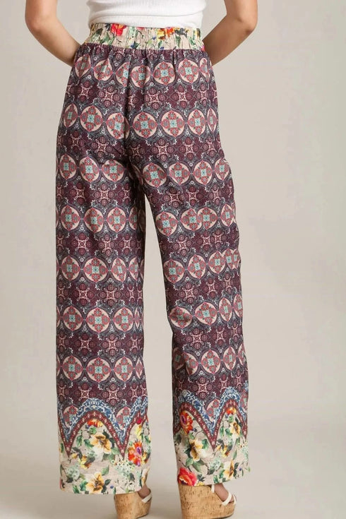 Umgee Full Size Mixed Print Elastic Waistband Pants Plus Size - Fashorio