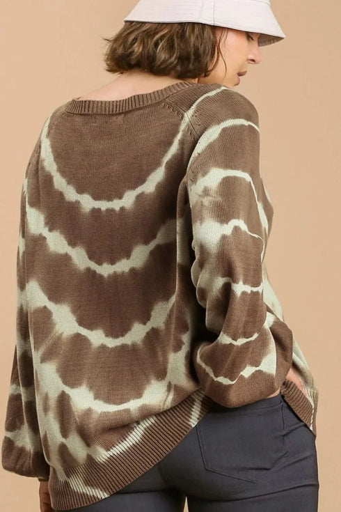 Umgee Full Size Ribbed Hem Tie Dye Round Neck Sweater Plus Size - Fashorio