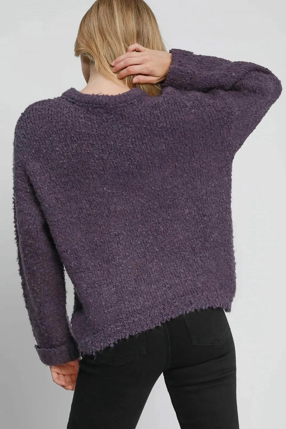 Umgee Full Size Round Neck Long Sleeve Boucle Sweater Plus Size - Fashorio