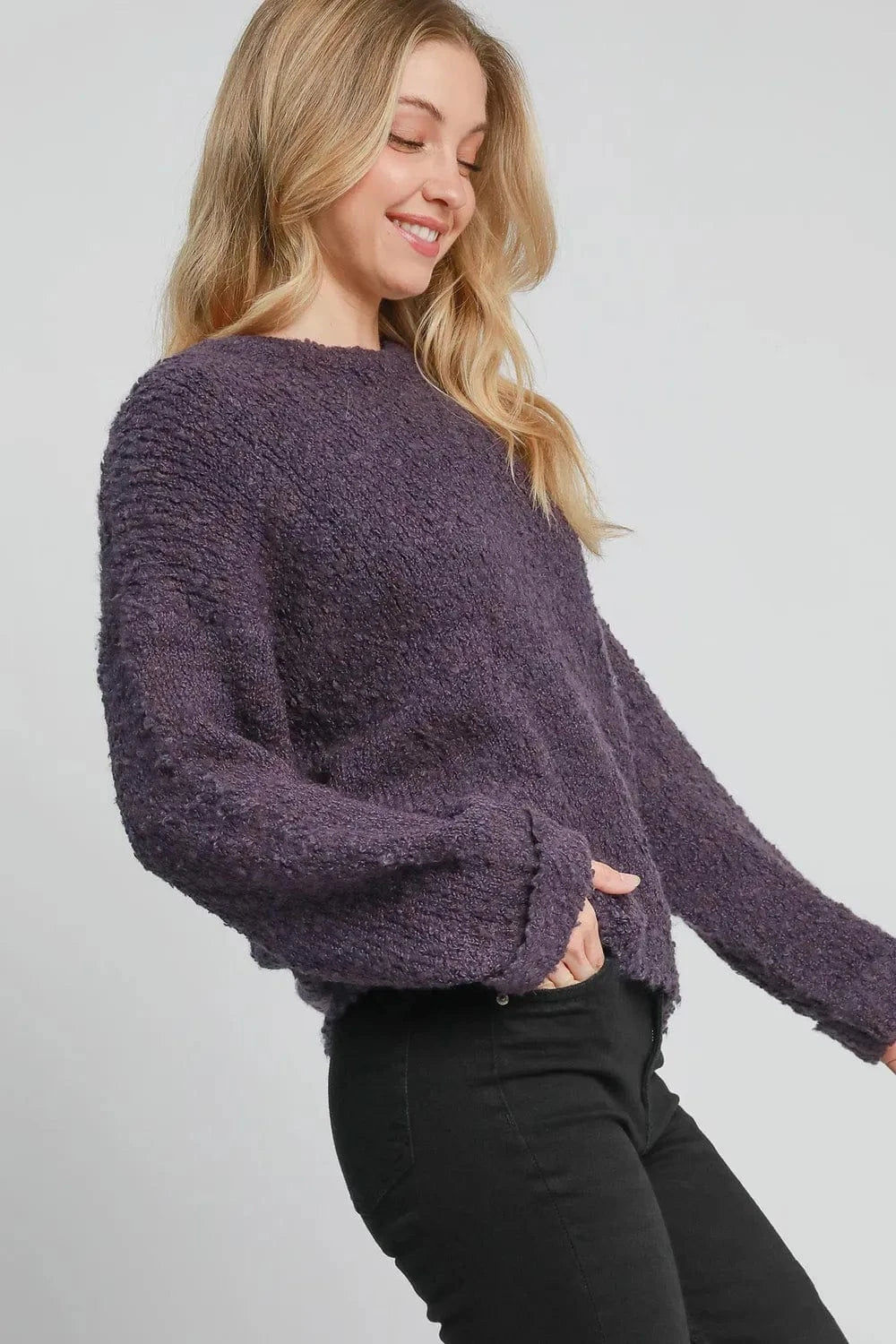 Umgee Full Size Round Neck Long Sleeve Boucle Sweater Plus Size - Fashorio
