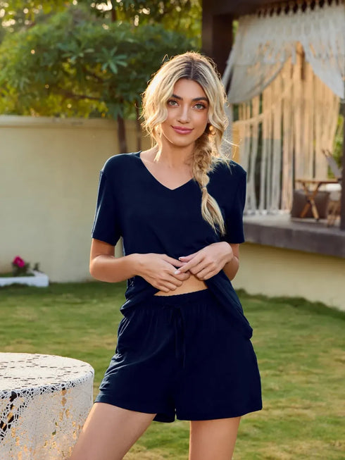 Fashorio V-Neck Short Sleeve Top and Pocketed Shorts Lounge Set