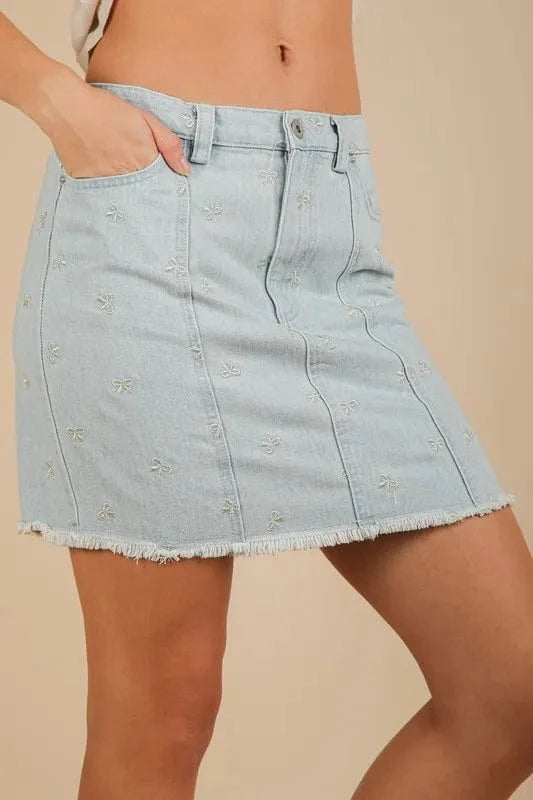 VERY J Bow Printed Casual Denim Mini Skirt - Fashorio