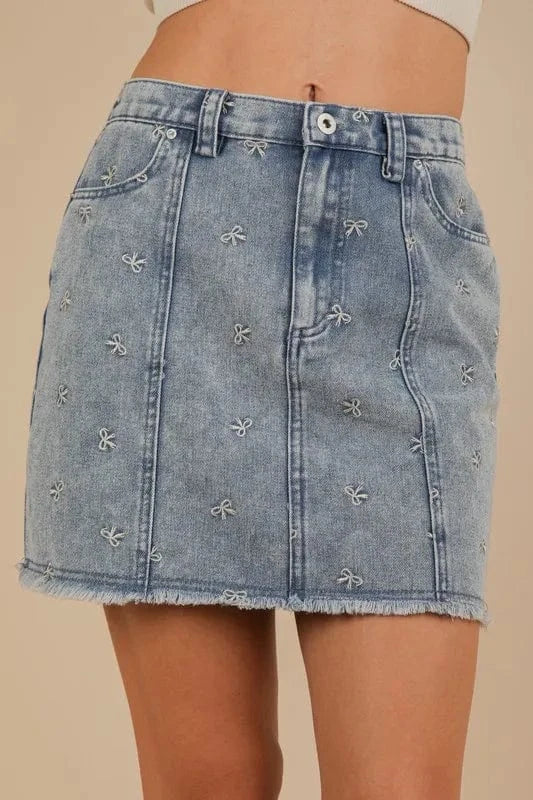 VERY J Bow Printed Casual Denim Mini Skirt - Fashorio