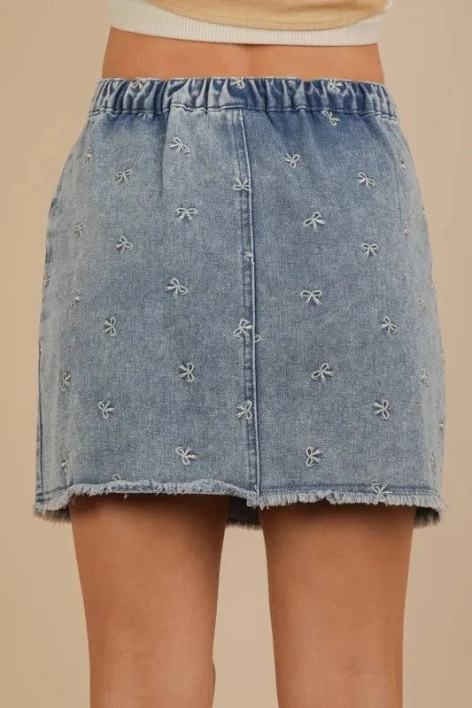 VERY J Bow Printed Casual Denim Mini Skirt - Fashorio