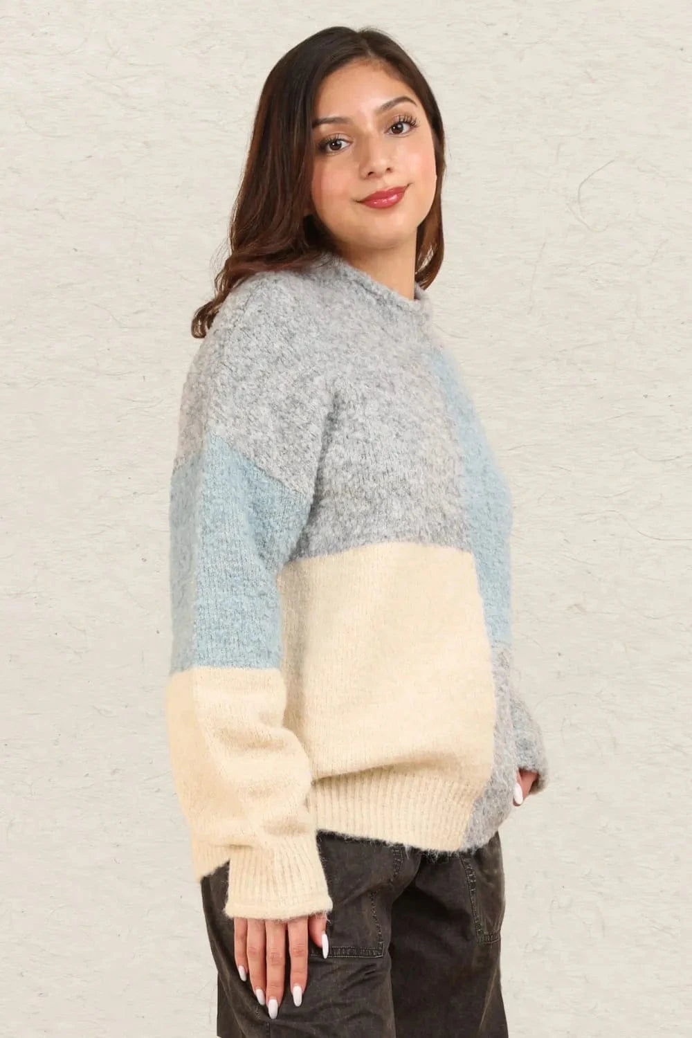 VERY J Color Block Mock Neck Drop Shoulder Sweater - Fashorio